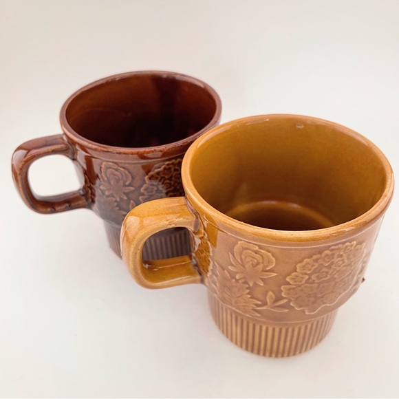 1970s Vintage Stackable Gold Brown Mugs Cups Floral Design Made in Japan - Picture 9 of 11